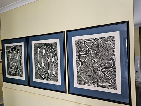 Vanessa Hudson's lino prints displayed in Kerri's house. 