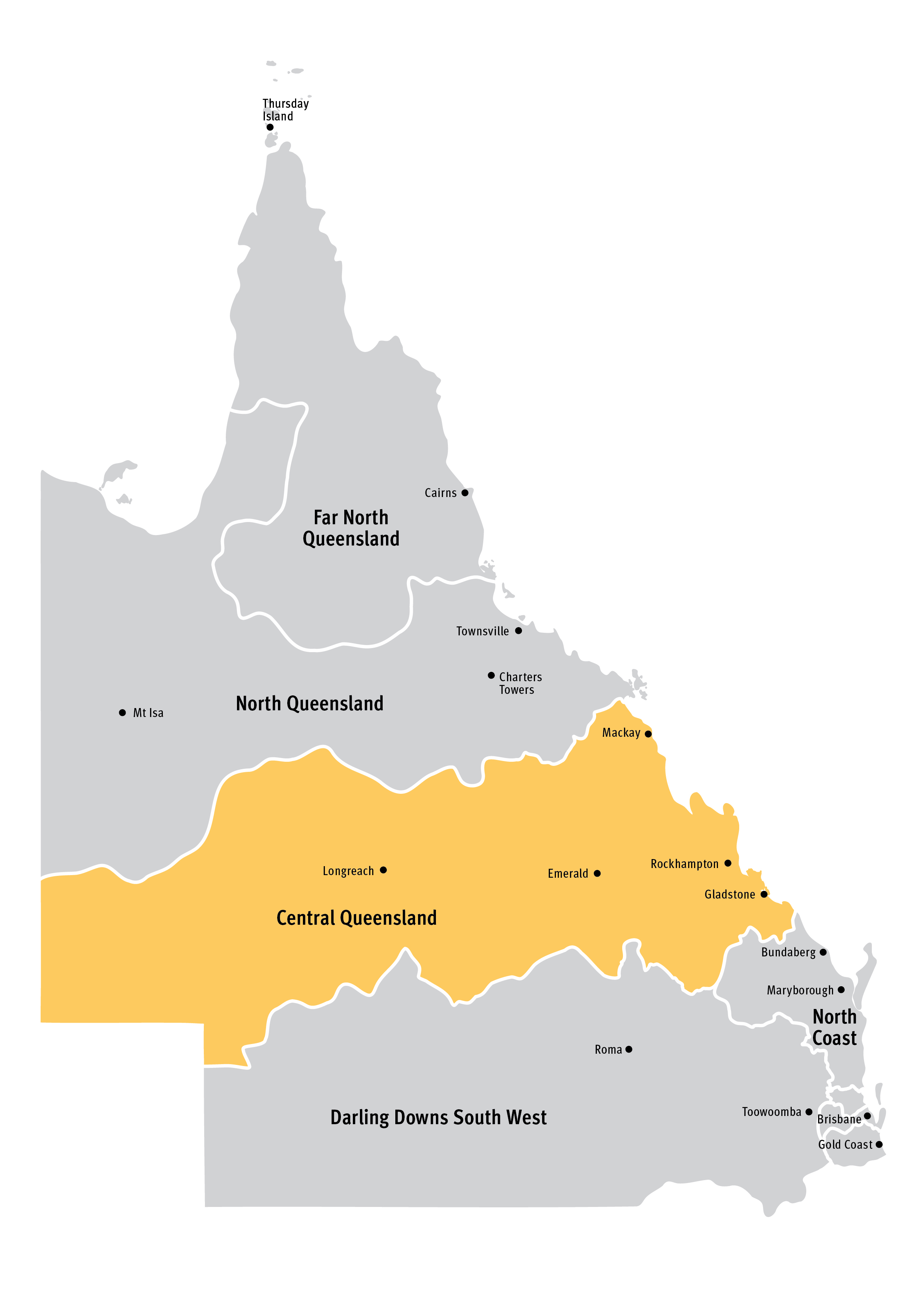 A map of Queensland highlighting the Central Queensland region alongside the seven other regions. Central Queensland is located towards the centre of the state and spans from the West to the East.