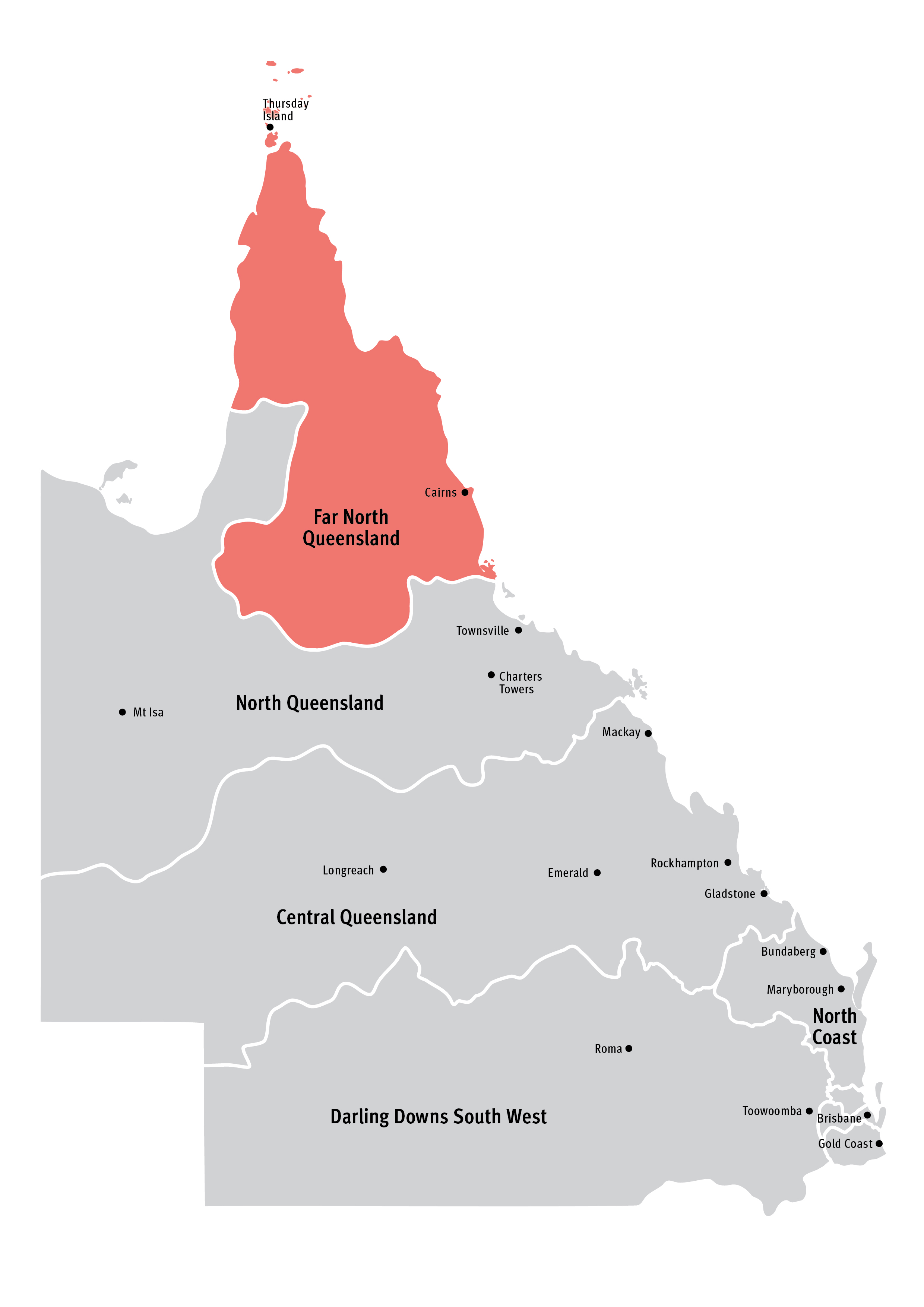 A map of Queensland highlighting the Far North Queensland region alongside the seven other regions. Far North Queensland is the northern-most region within the state.