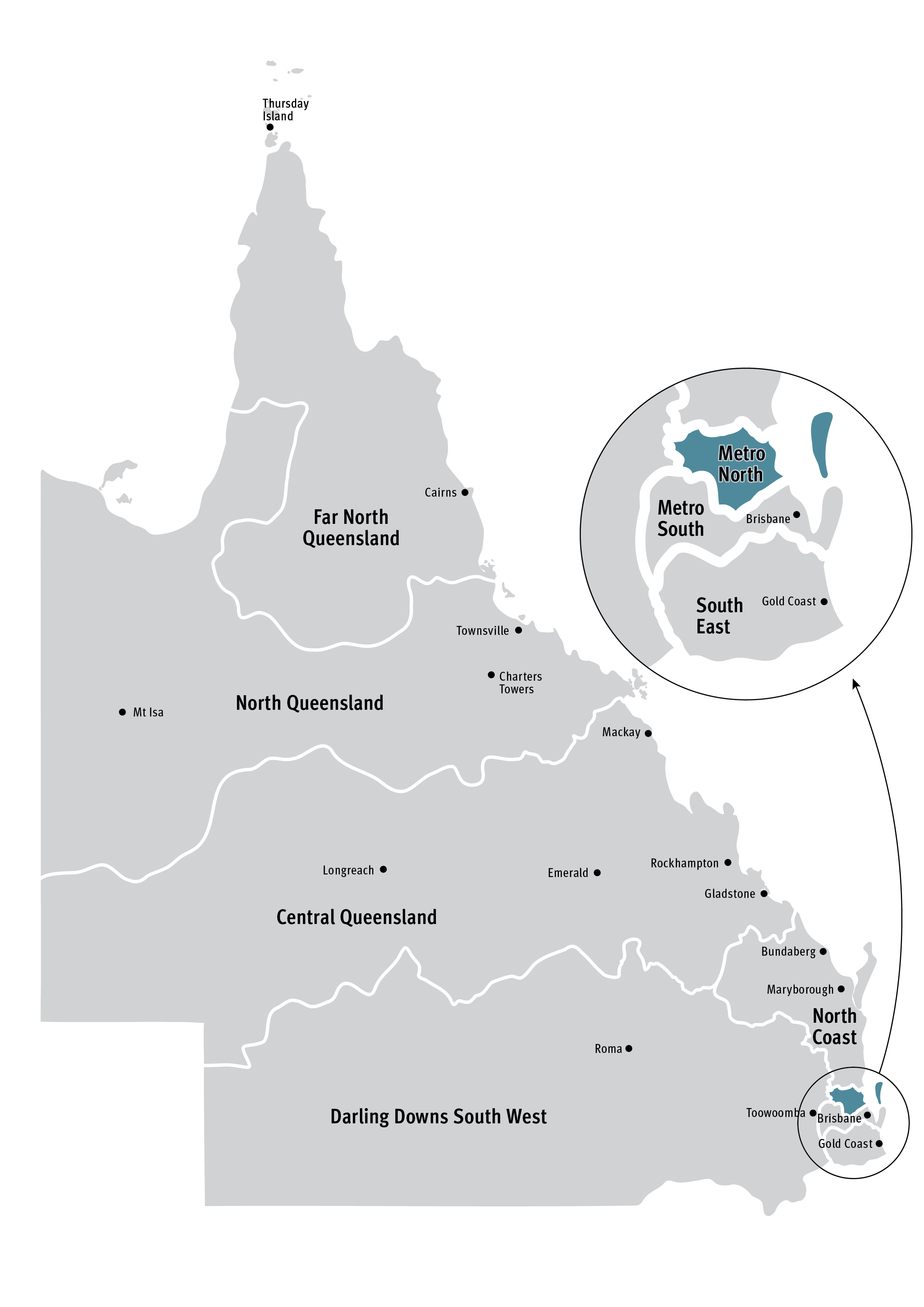 A map of Queensland highlighting the Metropolitan North region in the South East corner of the state, alongside the seven other regions. The Metropolitan North region is in a cluster alongside the Metropolitan South and South East regions. 