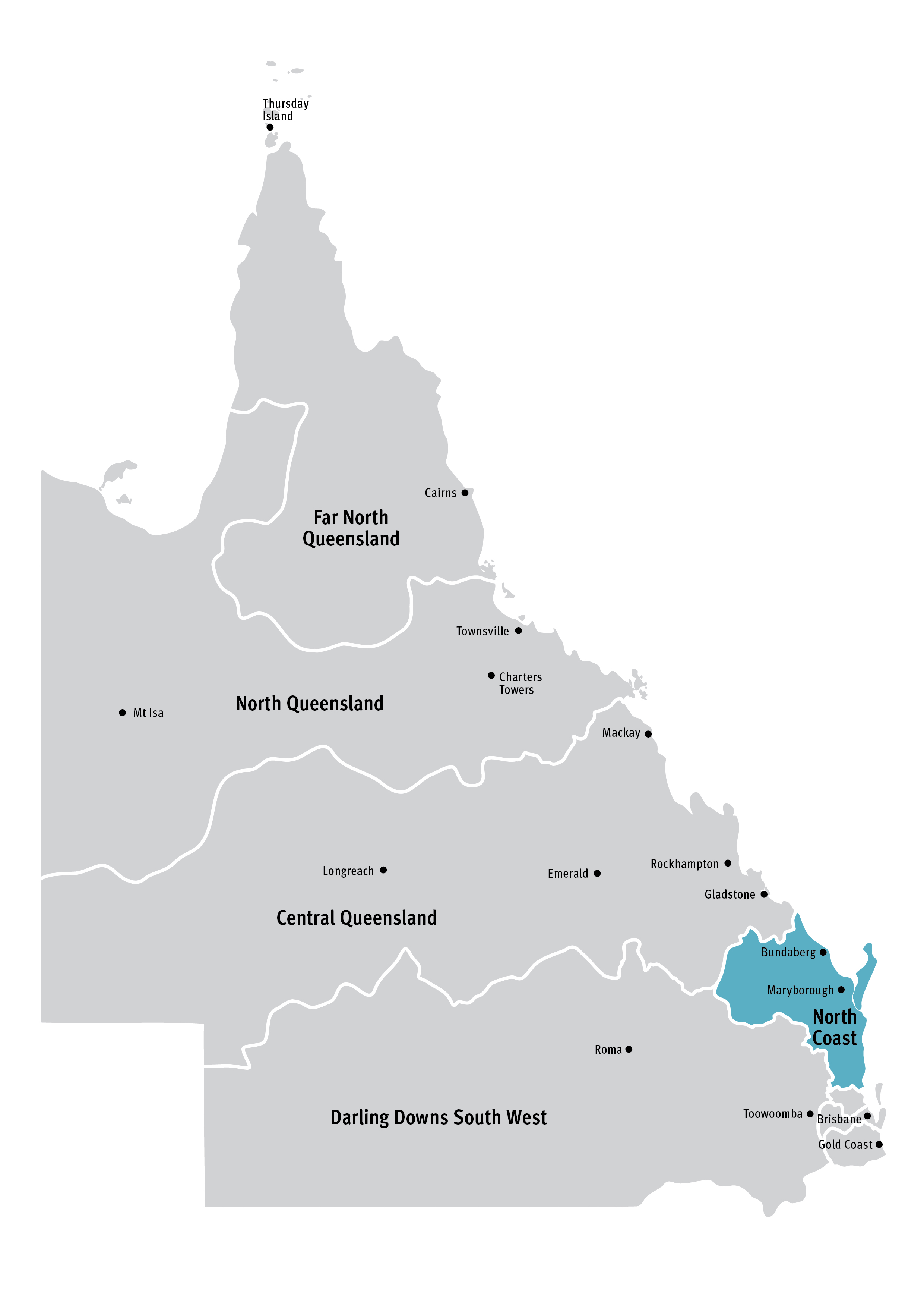 A map of Queensland highlighting the North Coast region towards South East corner of the state, alongside the seven other regions. The North Coast region is located along the Eastern coast, above the Metropolitan North, Metropolitan South and South Coast regions.