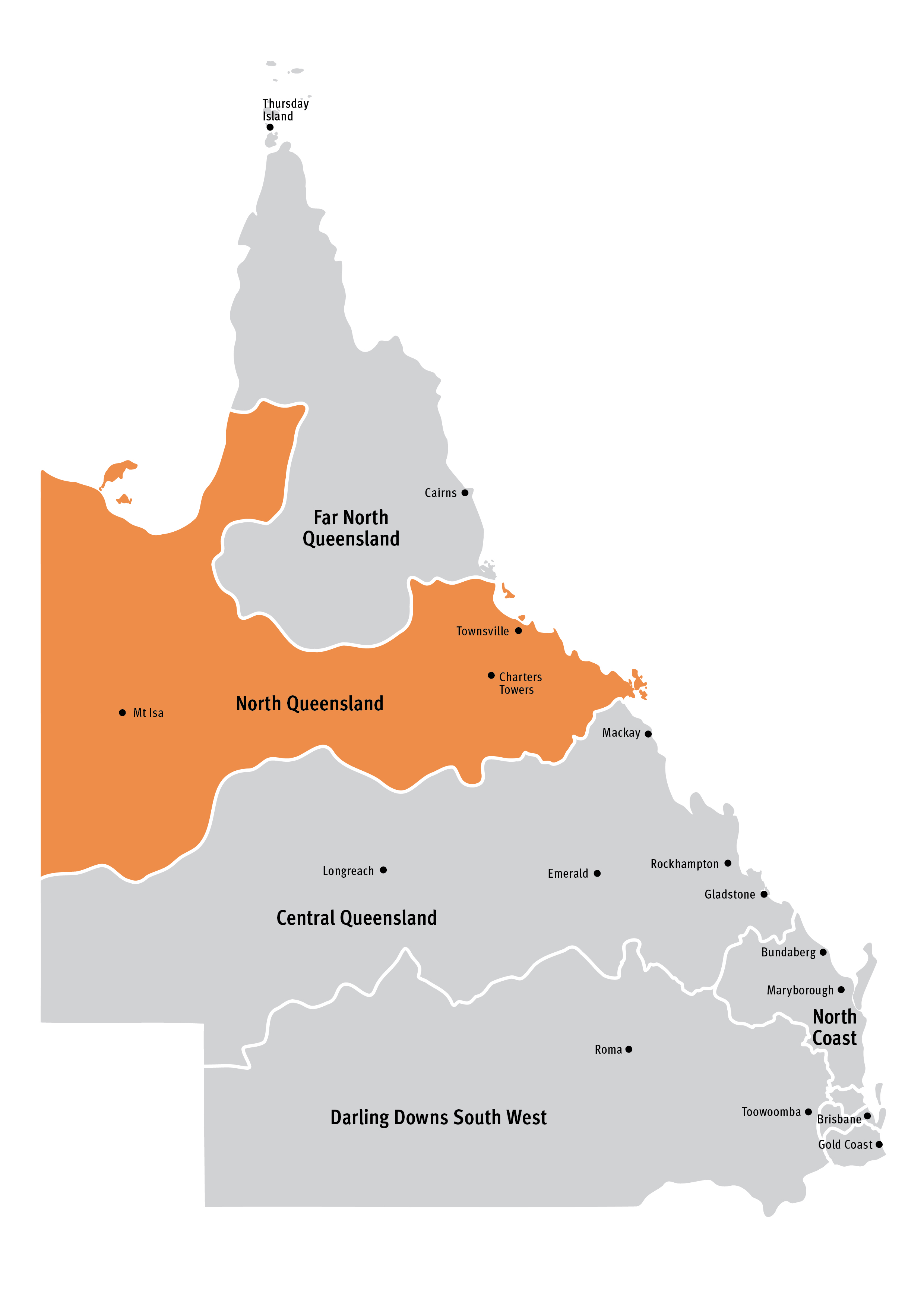 A map of Queensland highlighting the North Queensland region alongside the seven other regions. North Queensland is located towards the centre of the state and spans from the West to the East and heading towards the North.