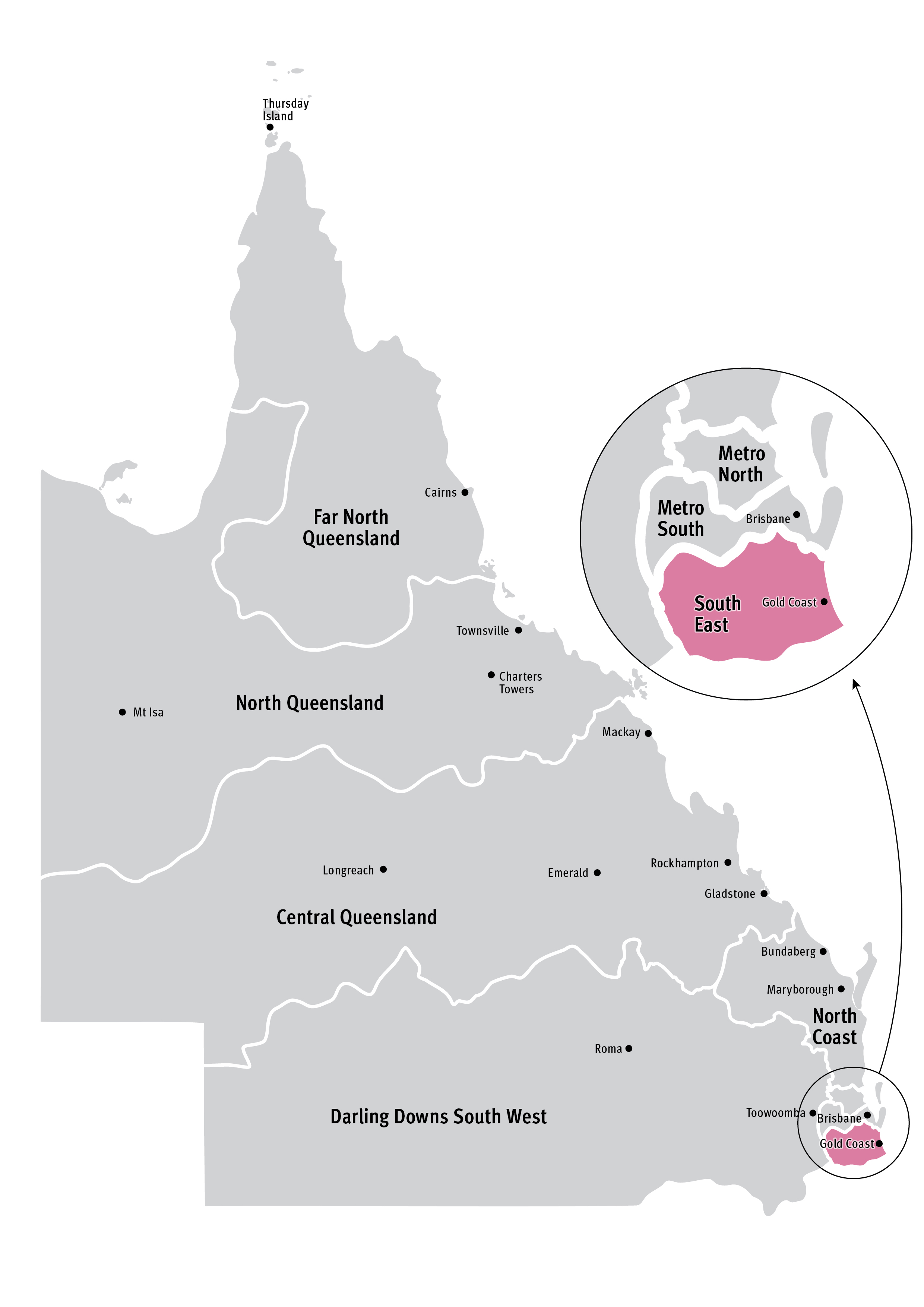 A map of Queensland highlighting the South East region in the South East corner of the state, alongside the seven other regions. The South East region is in a cluster alongside the Metropolitan North and Metropolitan South regions.